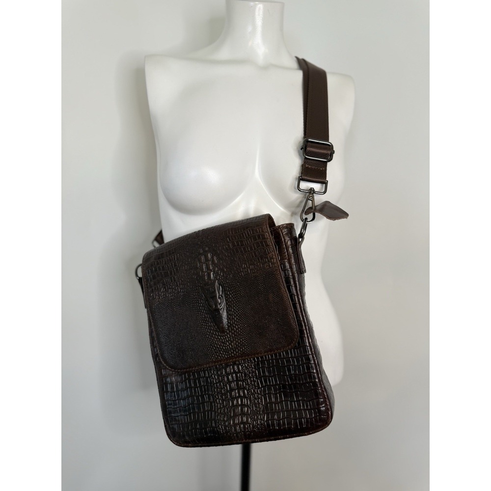 100% Genuine Leather Unisex Shoulder Bag Crocodile Pattern Bag 11" Messenger Bag - Picture 4 of 16